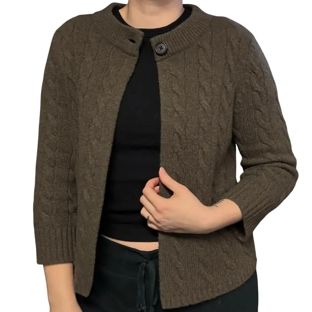 Ralph Lauren Brown Olive Green Wool Cable Knit Cardigan 3/4 Length Sleeve